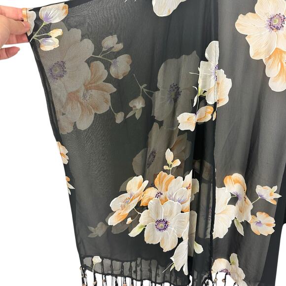 Pia Rossini Black Floral Kimono Tassel Seashells One Size Resortwear Boho Shawl - Picture 3 of 12
